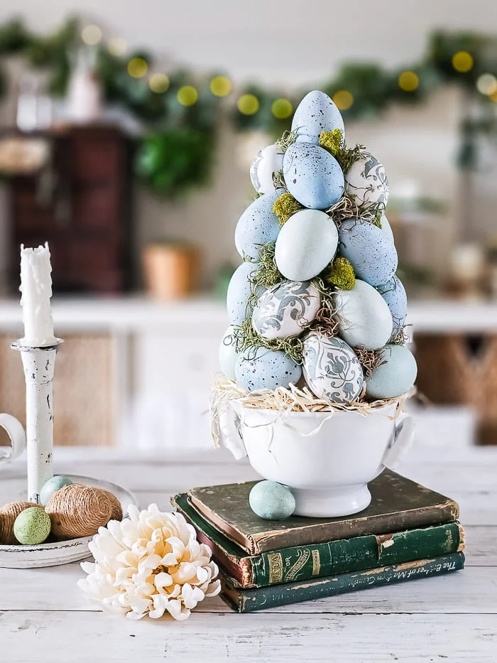 Easter egg topiary, vintage books, flower, eggs