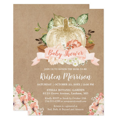  Rustic Pumpkin Peach Floral Fall Baby Shower Invitation