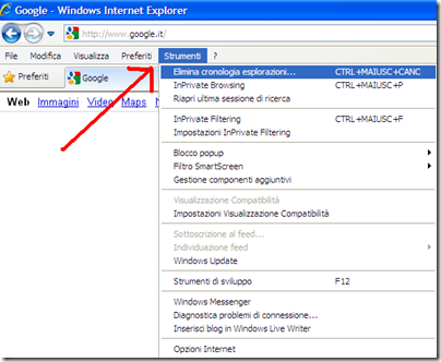 eliminare cronologia spplorazioni internet explorer