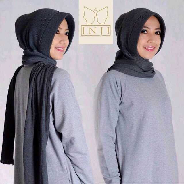 Jilbab instant langsung pakai warna abu berbahan kaos rib,praktis dan mudah dipakai