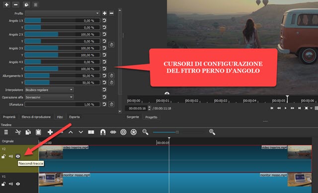 finestra di configurazione del filtro perno angolo di shotcut