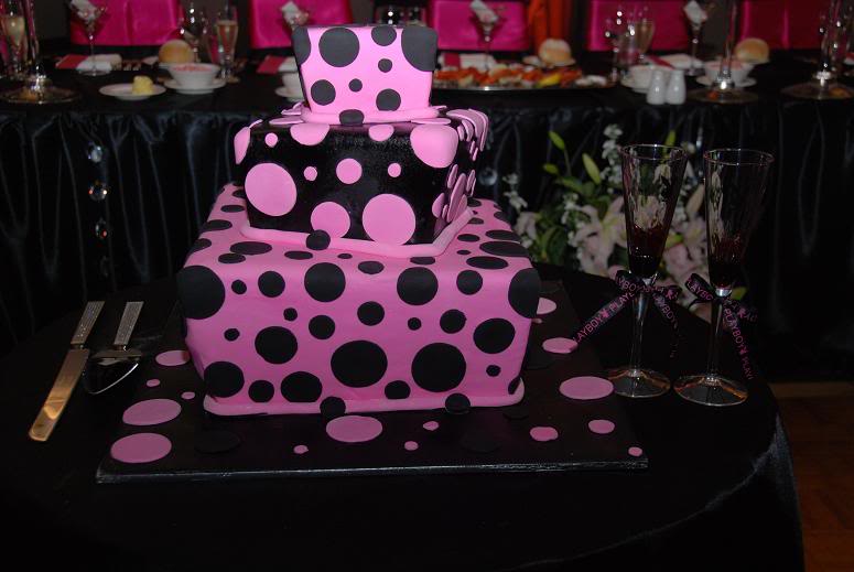 Black square wedding cake Black and pink polka dot cake
