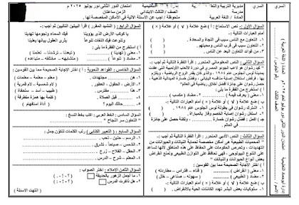 نموذج امتحان لغة عربية الدور الثاني للصف الثالث الابتدائى 2025