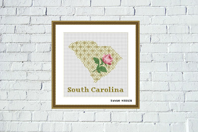 South Carolina USA state map flower ornament cross stitch pattern, Tango Stitch