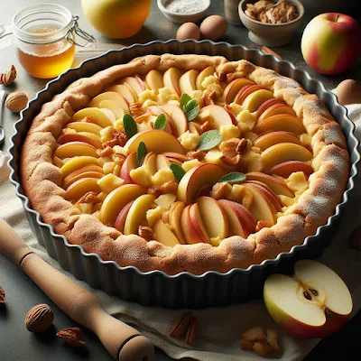 Auf dem Bild ist ein frisch gebackener Apfelkuchen zu sehen. Die Äpfel sind in Spalten geschnitten und mittig in der Runde gelegt worden. Dazwischen liegen gehackte Nüsse.