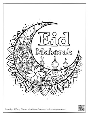 3 free coloring pages designed to capture the essence of Eid al-Fitr. These pages feature mandala, crescent moon, and cheerful kids