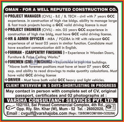 Vacancies For a Well Reputed Construction Company OMAN