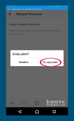 Cara mengonfirmasi untuk menghapus riwayat pencarian instagram