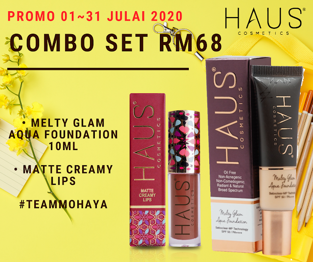 SET COMBO SIMPLE HAUS COSMETICS FOUNDATION + LIPMATTE PROMOSI RM68.     Combo simple ni adalah gabungan Aqua Foundation ➕ Lipmatte yang akan membuatkan kulit wajah uolls look simple tapi sempurna, tidak bercapuk dan full coverage lagi     Melty Glam Aqua Foundation adalah:  💧water based  💧sesuai untuk kulit orang Asia  💧tekstur yang ringan dan mudah disapu  💧kaya dengan bahan treatment kulit wajah  💧mengandungi bahan terunggul : Seboclear MP  💧berfungsi sebagai sunscreen dan sunblock     Nak mekap tahan lama dan tidak bercapuk. Apa kata korang guna melty glam aqua foundation ni.  Foundation ni juga mampu merawat kulit korang yang berjerawat, jeragat dan kulit kusam. Best kan? Ada dalam 7 code tona.     Matte Creamy Lips dengan menggunakan Anti-Crack Technology  ✔️ Ada 12 Code Warna :  💋 Leen 💋 Farah  💋 Tini 💋 Naja  💋 Huda 💋 Shiela  💋 Muna 💋 Lina  💋 Haza 💋 Nadia  💋 Murni 💋 Yuma     So jom ... jangan tunggu tunggu lagi