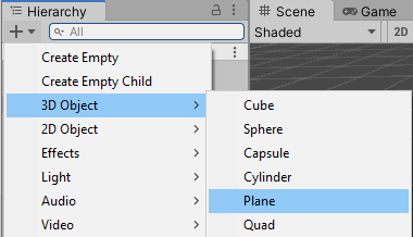 Adding a plane in hierarchy panel