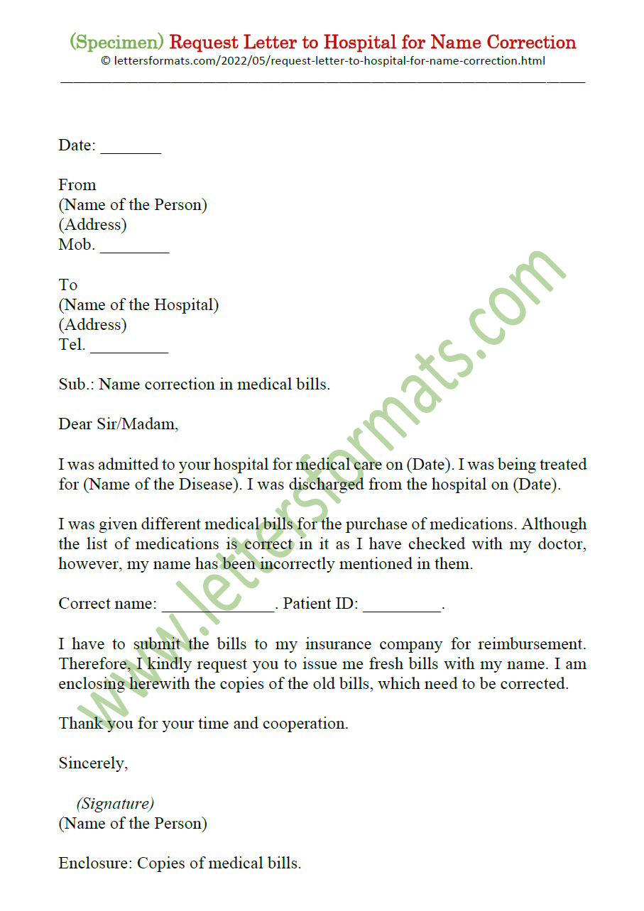Request Letter to Hospital for Name Correction (Sample)