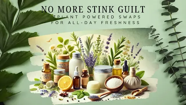 A professional, visually appealing digital illustration featuring natural hygiene products, including herbal deodorants, essential oils, fresh herbs like lavender and sage, and eco-friendly beauty items. The soft, natural-toned background creates a clean and fresh ambiance, emphasizing purity and wellness.