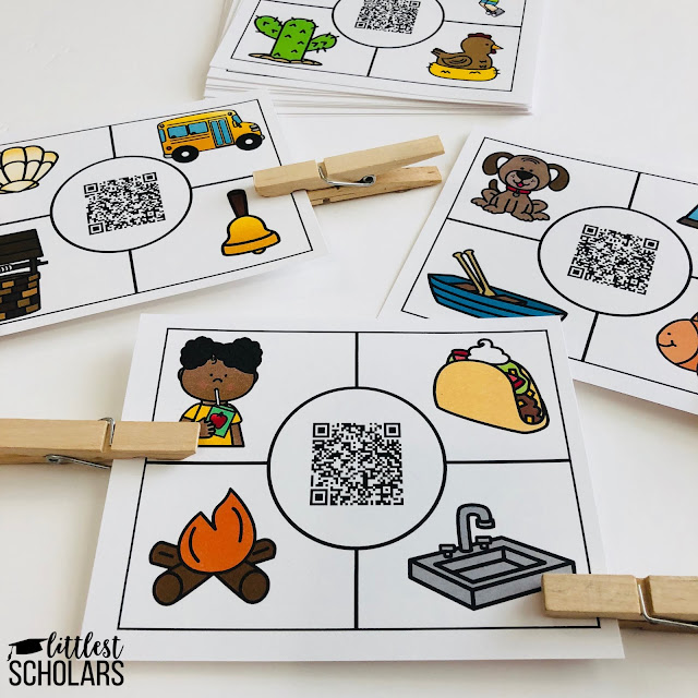 Combine listening and rhyming skills with fine motor development with this activity! Students listen to the audio prompt and place a clothespin on the picture words that rhyme with the word said in the audio file.  