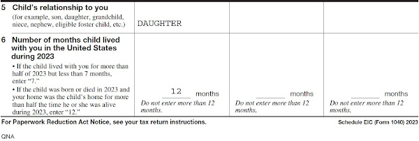 2023 MACLEE 1040 LINE 27 EARNED INCOME CRECIT SCHEDULE EIC QUALIFIED CHILD INFORMATION LINE 5 AND LINE 6