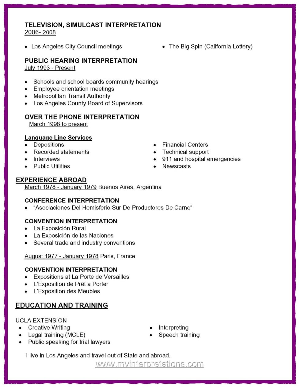 Court Certified Interpreter Resume