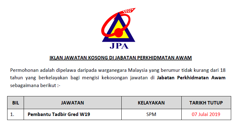 Jawatan Kosong Terkini 2019 Jabatan Perkhidmatan Awam