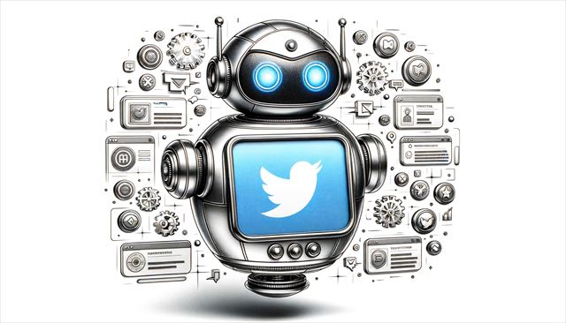 Drawing of a sleek metallic bot with a display screen as its face, showing the Twitter logo. Around the bot are floating digital icons and notifications related to Twitter, showcasing its automatic operations.