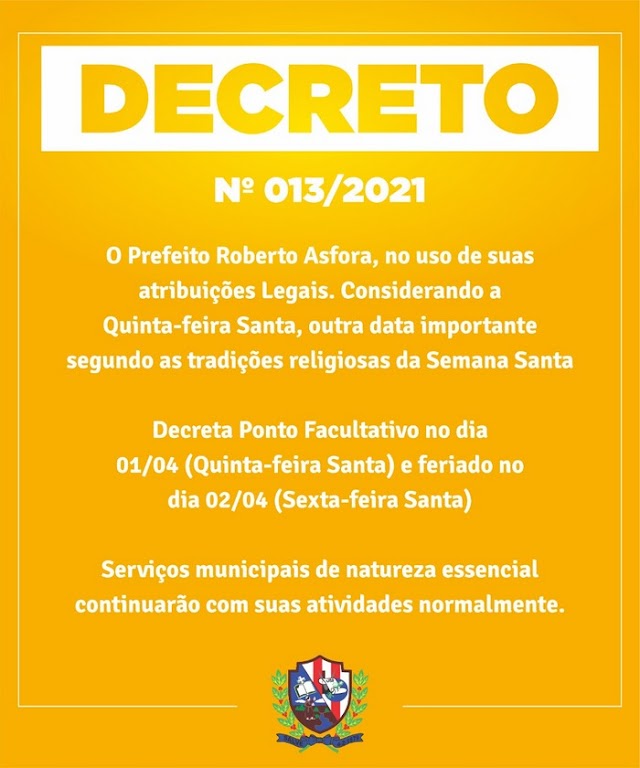 Prefeitura de Brejo da Madre de Deus decreta ponto facultativo na próxima quinta-feira Santa (01)