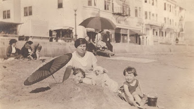 John Jr, Bob, and woman at New York beach about 1921 from album of Mary Theresa Sheehan Killeen Walsh