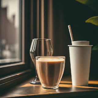 A cozy scene by a window showing three different cups: a glass filled with coffee, a white paper cup with a straw, and an empty glass in the background. The soft sunlight filtering through the window adds a warm, inviting atmosphere.