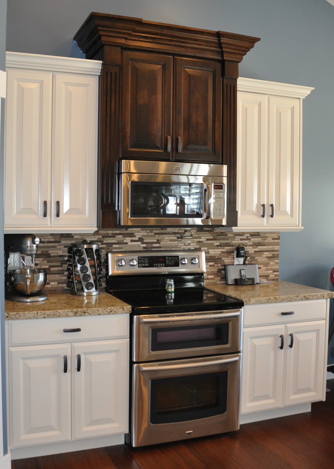 Stone Ridge Cabinets: Kitchen Cabinets: Off-White with Black Walnut Hood