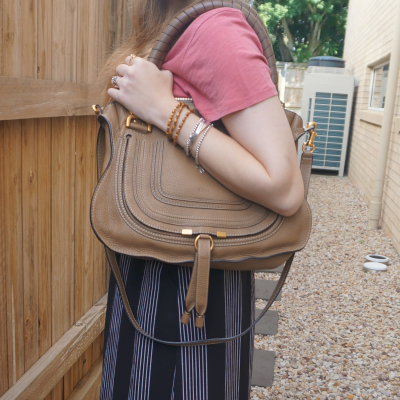 vertical stripe maxi skirt, Chloe Marcie medium shoulder bag in nut | awayfromtheblue