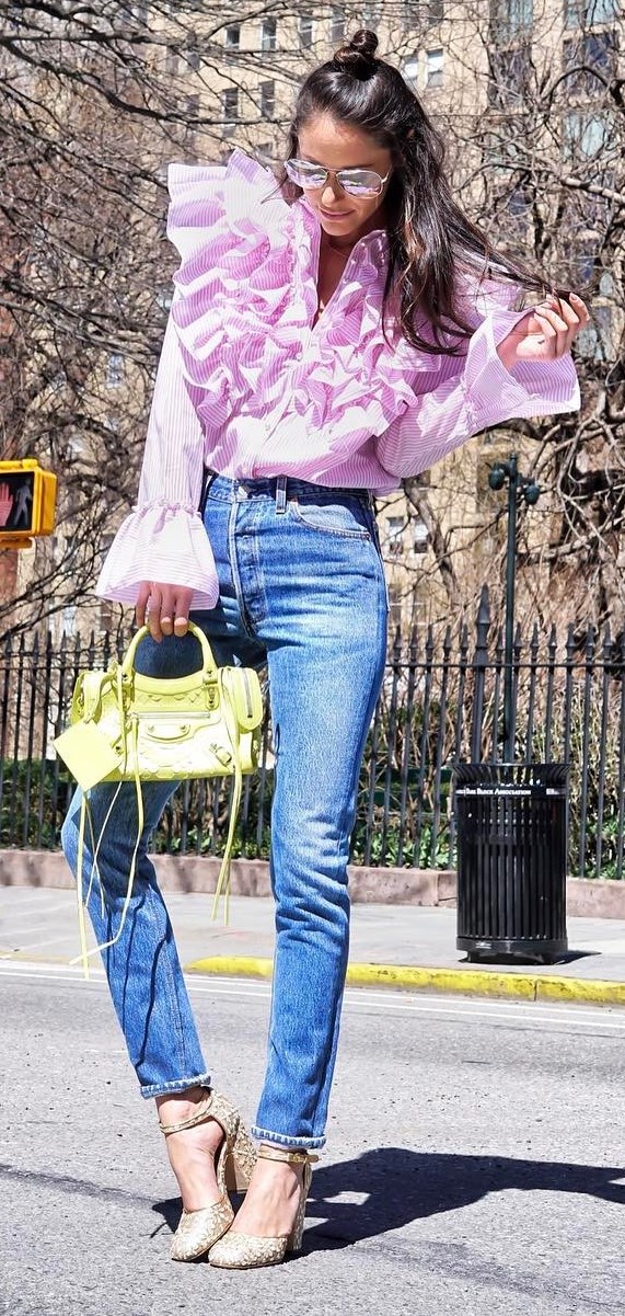 fashionable outfit: top + jeans + bag