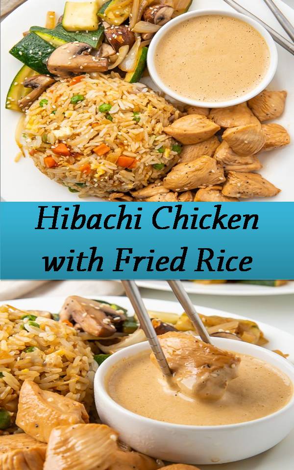 Hibachi Chicken with Fried Rice This recipe is a full hibachi chicken dinner at home! With restaurant-style sautéed veggies, fried rice, and super tender chicken, this hibachi recipe is served with a spicy mustard dipping sauce that really transports you to the Japanese steakhouse! Ingredients 4 tablespoons avocado oil divided 12 tablespoons soy sauce divided 3 teaspoons sesame oil divided 6 tablespoons butter divided salt pepper Fried Rice 1/2 cup white onion diced 1 cup frozen vegetables 2 eggs large 4 cups rice cooked, cool to the touch Hibachi chicken 1 pound chicken breast cut into bite-sized pieces 2 teaspoons lemon juice fresh Hibachi vegetables 1 zucchini large, quartered 1 white onion large, halved and cut into 1/2" pieces 2 cups baby bella mushrooms quartered, about 8 ounces Mustard sauce 1 tablespoon sesame seeds preferably lightly toasted 1 clove garlic minced 2 tablespoons dry mustard 2 teaspoons honey 1/2 cup half and half 1 tablespoon water hot Instructions Make the fried rice: Heat 2 tablespoons avocado oil on medium high in a large skillet or wok. Add diced onion and frozen vegetables, and sauté until onions are almost translucent, about 3 minutes. Move the vegetables to the side of pan. Crack eggs into pan and scramble with a spatula until cooked through and fully scrambled. Add 4 cups cooked rice and 4 tablespoons butter. Cook for 5 minutes and stir frequently. Add 4 tablespoons soy sauce and cook 1 additional minute. Pack fried rice firmly into bowls to keep hot. Make the chicken and vegetables at the same time. For the chicken: Heat 1 1/2 teaspoons sesame oil and 1 tablespoon avocado oil in same skillet or wok used for fried rice. Add chicken, 3 tablespoons soy sauce, 1 tablespoon butter, lemon juice, salt, and pepper to skillet. Cook chicken until it is no longer pink, about 5-7 minutes. Stir only once or twice so chicken will brown. For the vegetables: In a separate large skillet or wok, heat 1 1/2 teaspoons sesame oil and 1 tablespoon avocado oil on medium high heat. Add sliced onion, baby bella mushrooms, zucchini, 1 tablespoon butter, salt, and pepper to skillet. Sauté until vegetables are tender, about 6-8 minutes. For the mustard sauce: Lightly toast sesame seeds if desired. (See note.) Blend sesame seeds, dry mustard, 2 teaspoons honey, half and half, hot water, 1/4 cup soy sauce, and minced garlic in blender.