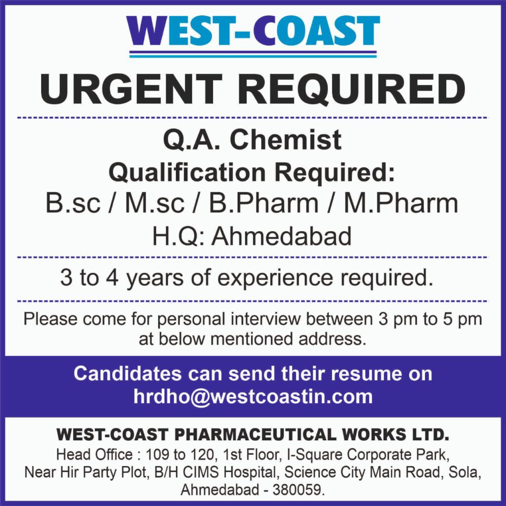 Job Availables, WEST-COAST Pharmaceutical Works Ltd Job Vacancy for BSc/ MSc/ B Pharm/ M Pharm