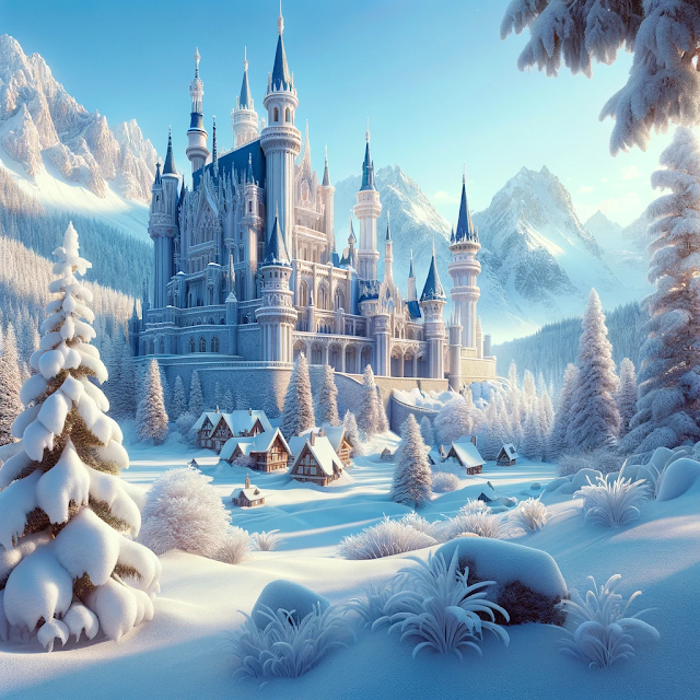 A beautiful winter landscape depicting a frozen kingdom with a magnificent castle in the background