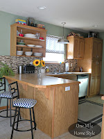 Kitchen Mini-Makeover - Tile backsplash and warehouse pendant, chevron barstools and curtain