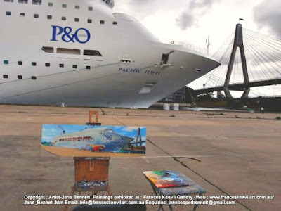 Painting the Pacific Jewel en plein air at Glebe Island Wharf painted by industrial heritage artist Jane Bennett