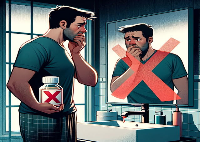 A man pondering over a bottle of castor oil in front of a bathroom mirror, representing common oil pulling mistakes to avoid.