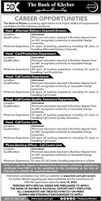 The Bank of Khyber BoK Islamabad Management Jobs 2022