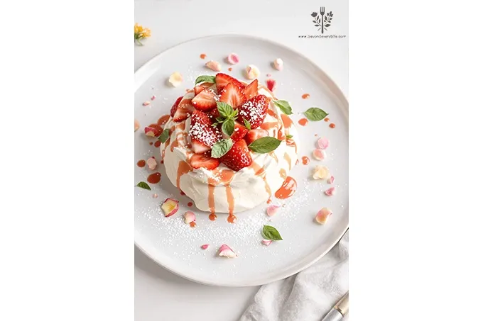 Strawberry Basil Pavlova featuring a crisp meringue shell, whipped cream, fresh strawberries, and basil leaves, drizzled with strawberry coulis.