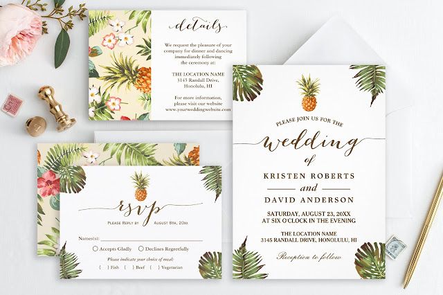  Tropical Leaves Pineapple Luau Wedding Invitation Suite