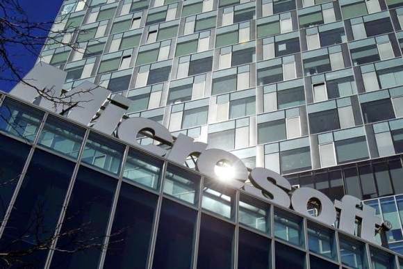 The Microsoft logo is seen at their offices in Bucharest March 20, 2013.