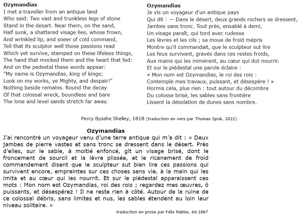 Ozymandias en anglais, traduit en vers et prose