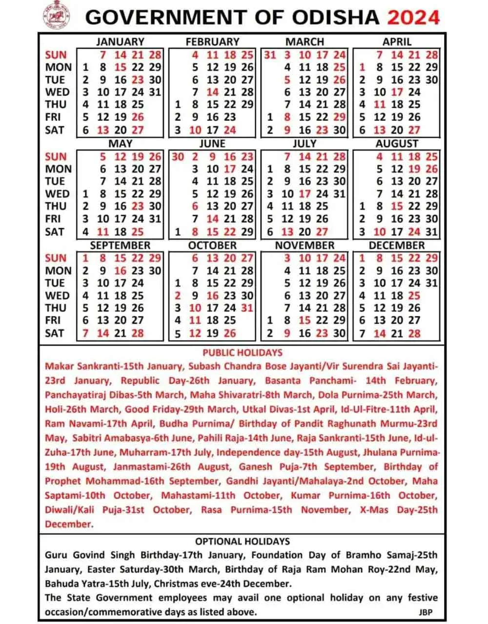 Govt calendar 2024 odisha, Public Holidays and Optional Holidays info