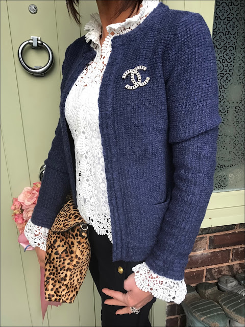 My Midlife fashion, chanel brooch, zara lace jacket, j crew sailor cropped trousers, zara leopard print bag, navy block heel ankle boots
