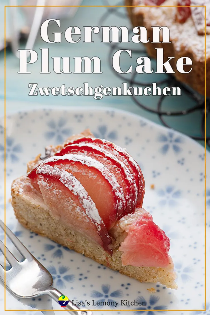 German plum cake is a popular summer cake throughout Germany, Austria and Switzerland.  This German plum cake is also known as zwetschgenkuchen (mouthful to pronounce) or pflaumenkuchen or zwetschgendatschi, depending on which country! :) You can top this german plum cake with some streusel before baking.