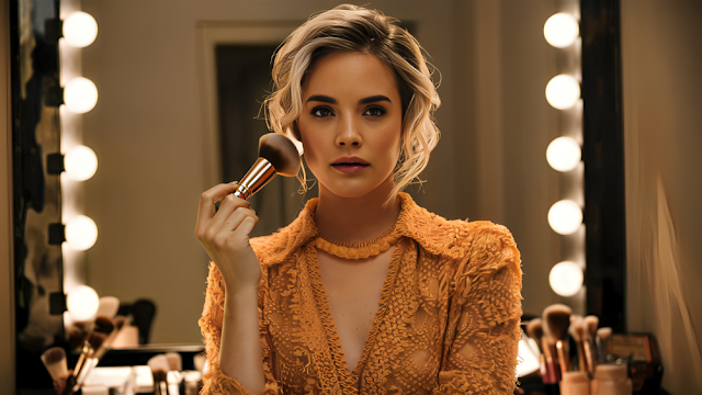A woman checking her makeup in a mirror under natural light, performing final touches and styling her hair, emphasizing the importance of finishing touches in completing a polished look.