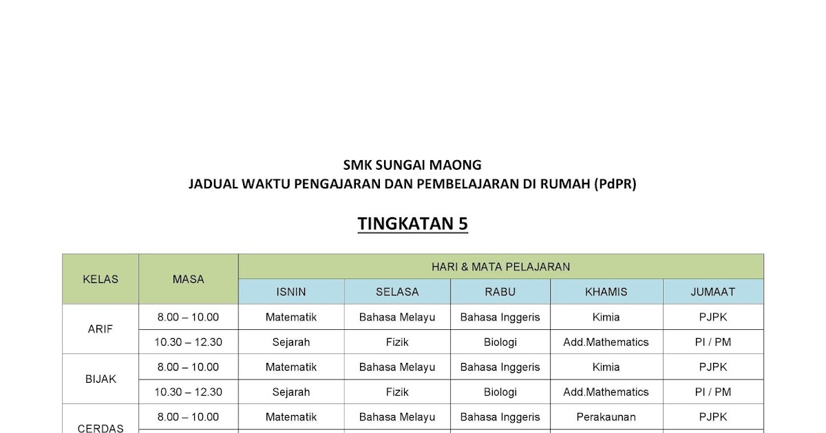 SMK SUNGAI MAONG: JADUAL WAKTU PENGAJARAN DAN PEMBELAJARAN ...