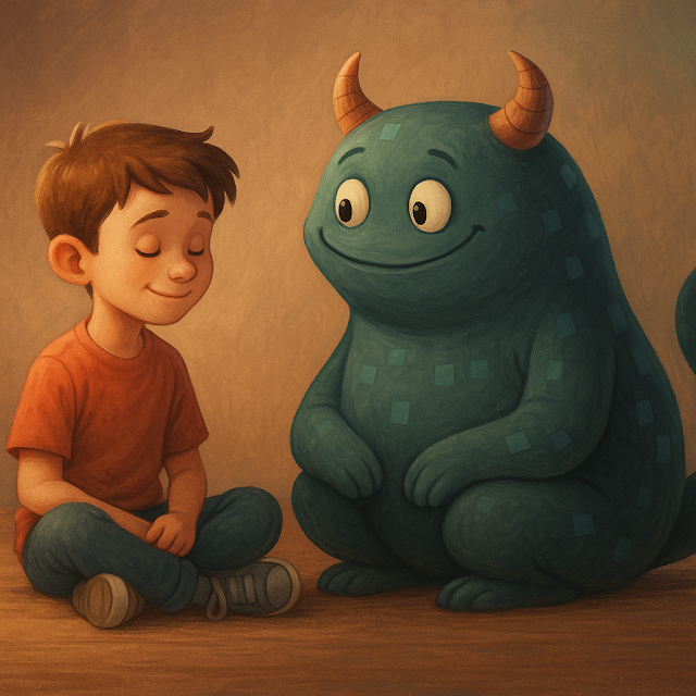 A young boy confidently standing beside a calm, tamed digital monster, symbolizing control over technology