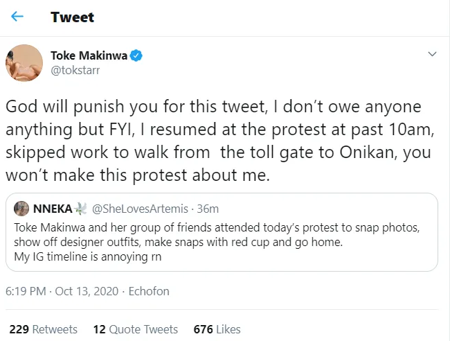 “God will punish you” – OAP, Toke Makinwa blasts lady who stated that she went to #EndSARS protest to snap photos