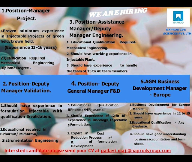 Job Availables, Naprod Life Sciences Pvt. Ltd Job Vacancy For Project/ Engineering/ Validations/ F&D/ Business Development