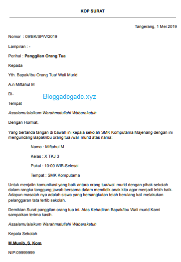 Contoh Surat Panggilan Orang Tua