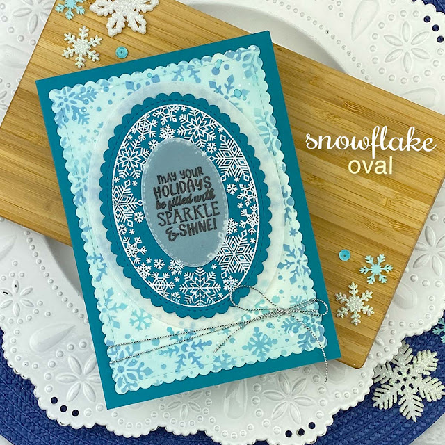 Snowflake Holiday Card by Jennifer Jackson | Snowflake Oval Stamp Set, Oval Frames Die Set, Snowfall Stencil and A7 Frames & Banners Die Set by Newton's Nook Design