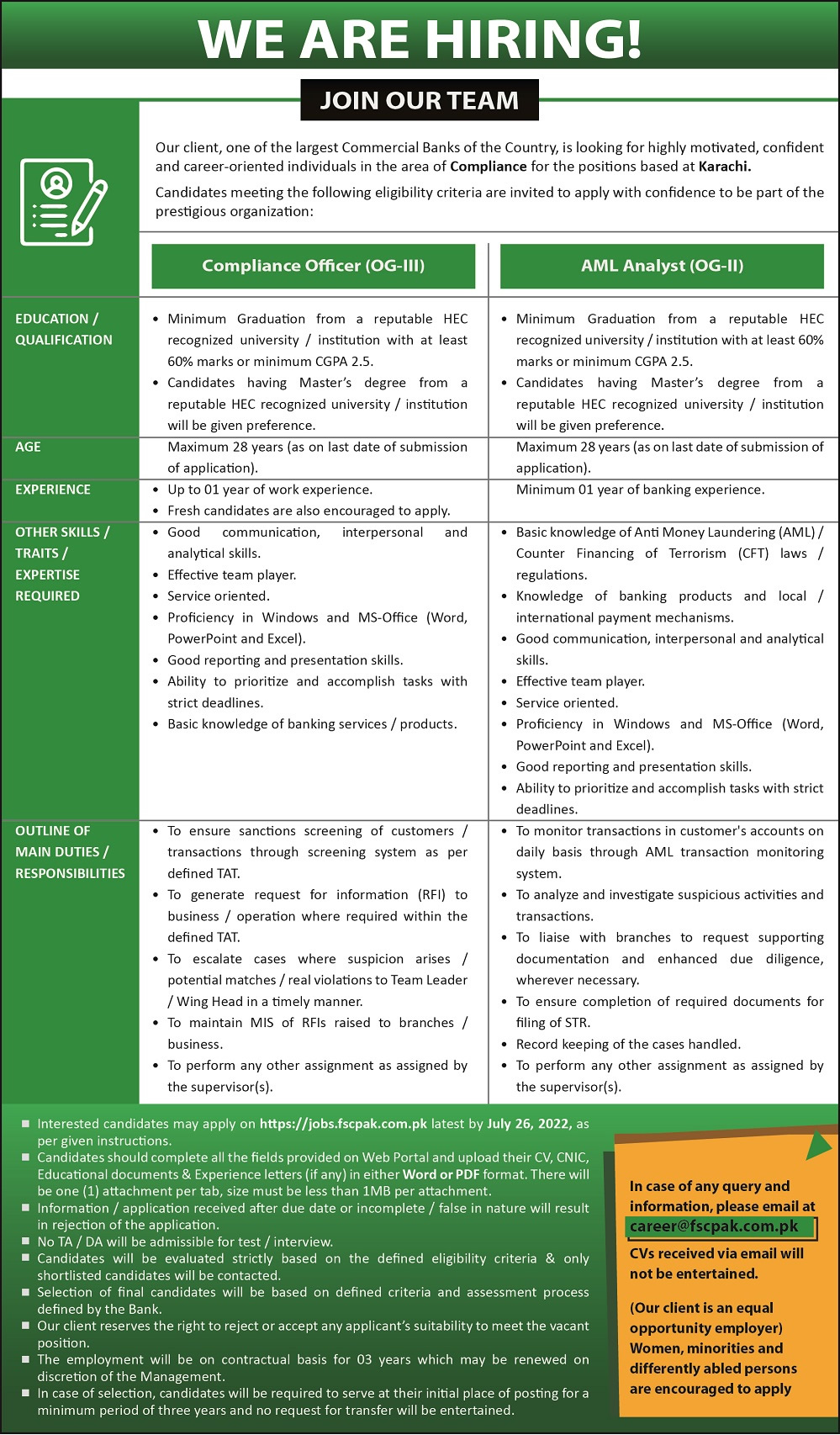 National Bank of Pakistan Jobs 2022 Compliance Officers, AML Analyst OG III Apply Online