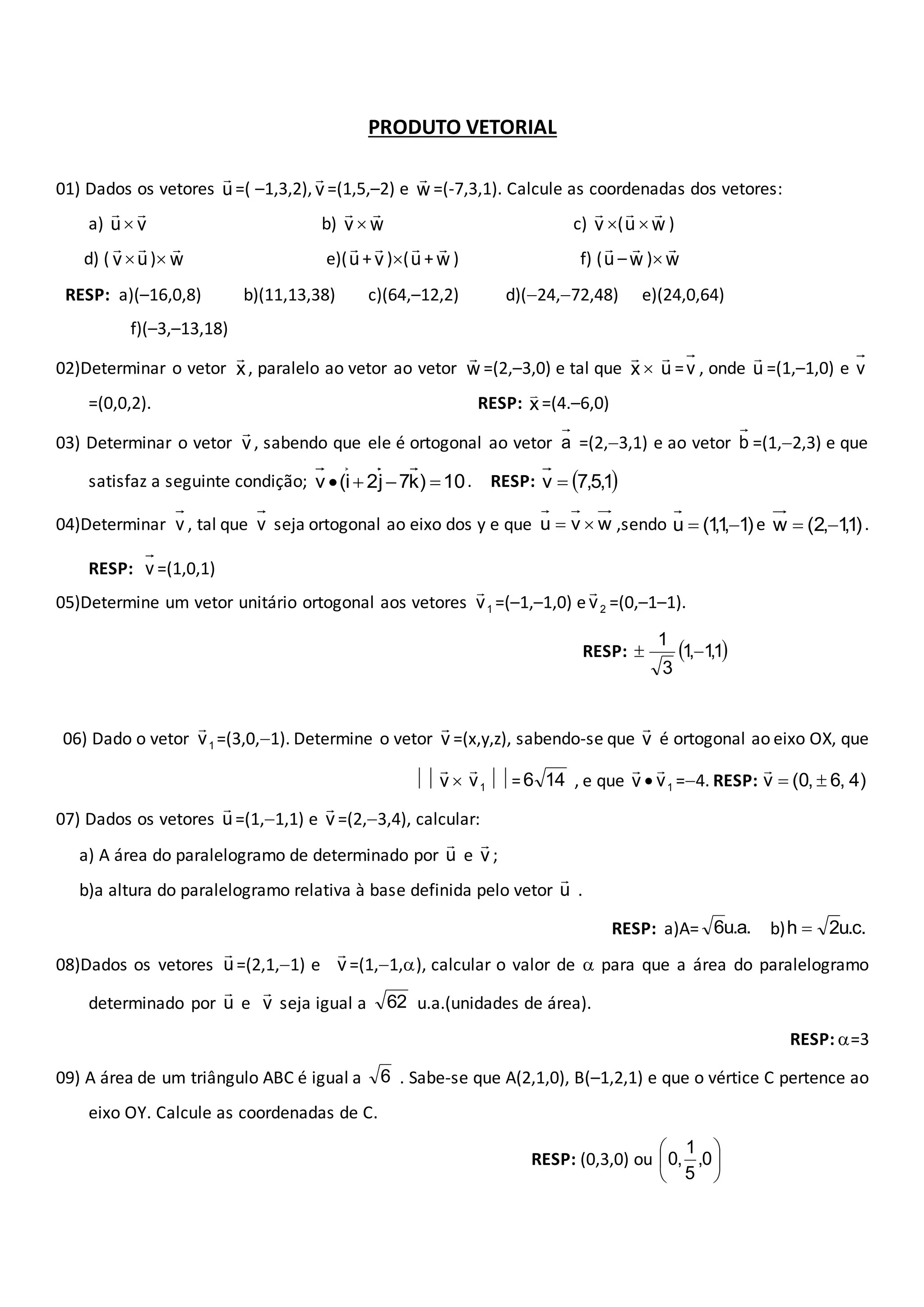 Exercícios produto vetorial e misto